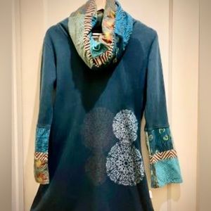 Mandela Ocean Blue & Emerald green design motif hooded cowl dress